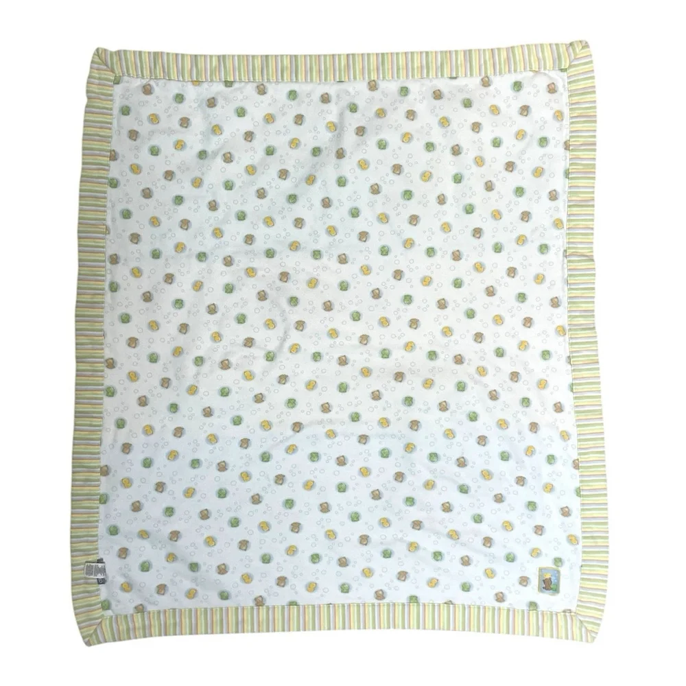 Vintage Carters Bear Duck Frog Bubbles Baby Blanket Yellow Blue Green Reversible